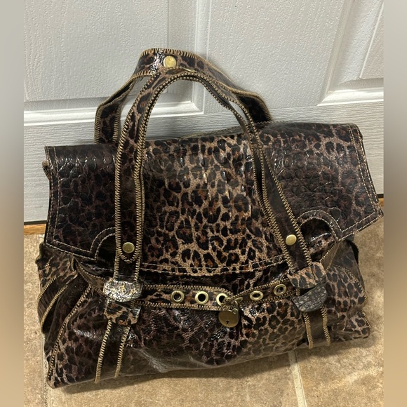 Charlie Lapson Croc Leopard Textured Print Satchel Bag Brass Hardware - Picture 6 of 16